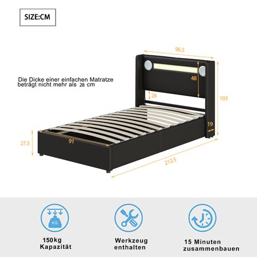 Lit Enfant Rembourré 90x200cm Avec Bande Lumineuse LED Et Chargement USB, Sommier à Lattes, Noir