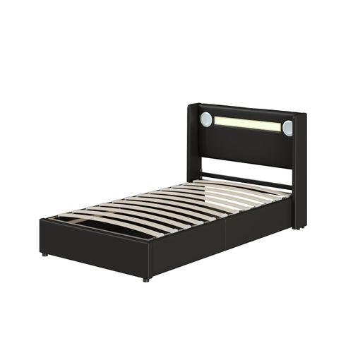 Lit Enfant Rembourré 90x200cm Avec Bande Lumineuse LED Et Chargement USB, Sommier à Lattes, Noir