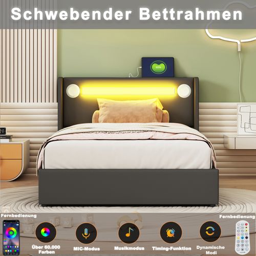 Lit Enfant Rembourré 90x200cm Avec Bande Lumineuse LED Et Chargement USB, Sommier à Lattes, Noir