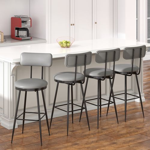 Lot De 4 Tabourets De Bar Avec Dossier Et Assise Rembourrée, En Cuir Pu, Hauteur 65 Cm, Gris