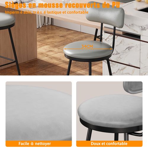 Lot De 4 Tabourets De Bar Avec Dossier Et Assise Rembourrée, En Cuir Pu, Hauteur 65 Cm, Gris