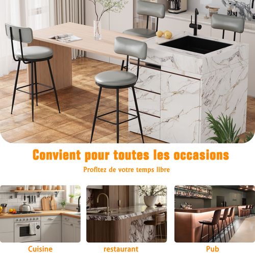 Lot De 4 Tabourets De Bar Avec Dossier Et Assise Rembourrée, En Cuir Pu, Hauteur 65 Cm, Gris