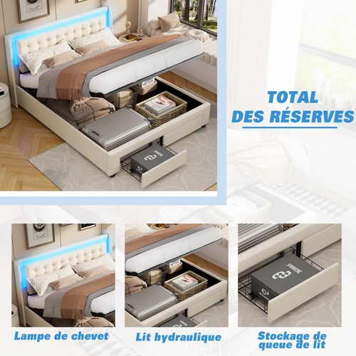 Lit Adulte Avec Sommier à Lattes 140x190 Cm,avec LED Et Rangement,avec Tête De Lit En Velours,beige