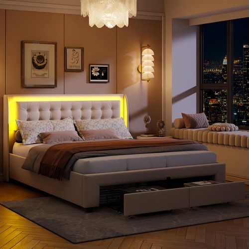 Lit Adulte Avec Sommier à Lattes 140x190 Cm,avec LED Et Rangement,avec Tête De Lit En Velours,beige