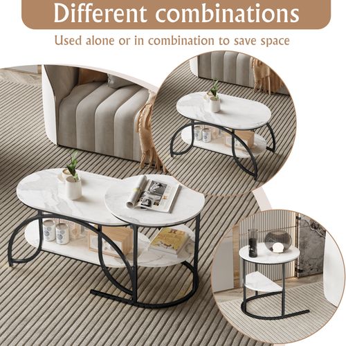 Ensemble De 2 Tables Basses Modernes, Aspect Marbre, Grand Rangement,noir