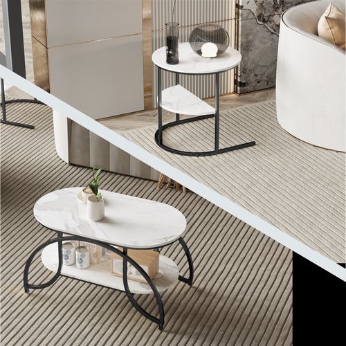 Ensemble De 2 Tables Basses Modernes, Aspect Marbre, Grand Rangement,noir