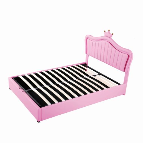 Lit Capitonné 140 X 200 Cm, Tête De Lit Couronne, Avec Éclairage LED, Sommier à Lattes, Rose