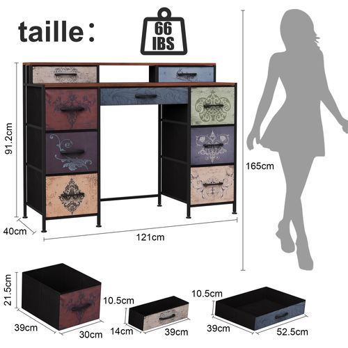 Coiffeuse Florale Vintage 121 Cm - 9 Tiroirs Et 2 Étagères Ouvertes, Noir