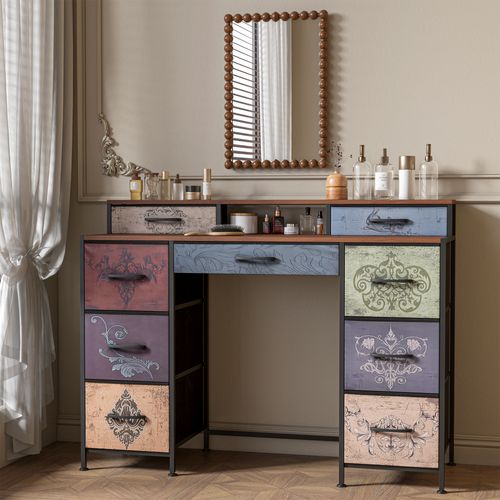 Coiffeuse Florale Vintage 121 Cm - 9 Tiroirs Et 2 Étagères Ouvertes, Noir