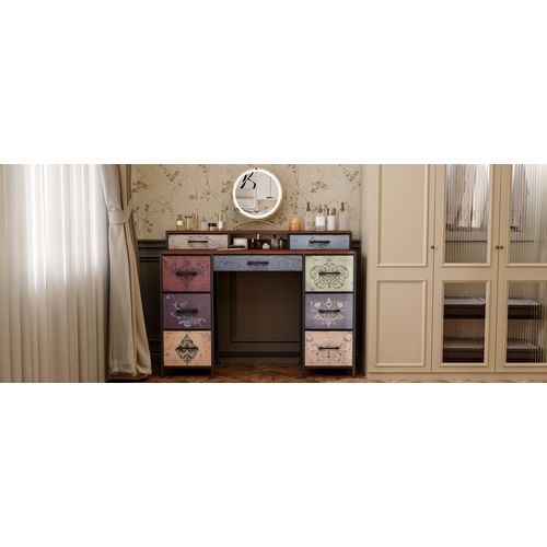 Coiffeuse Florale Vintage 121 Cm - 9 Tiroirs Et 2 Étagères Ouvertes, Noir