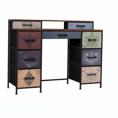 Coiffeuse Florale Vintage 121 Cm - 9 Tiroirs Et 2 Étagères Ouvertes, Noir