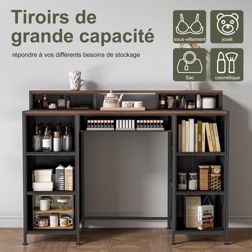 Coiffeuse Florale Vintage 121 Cm - 9 Tiroirs Et 2 Étagères Ouvertes, Noir