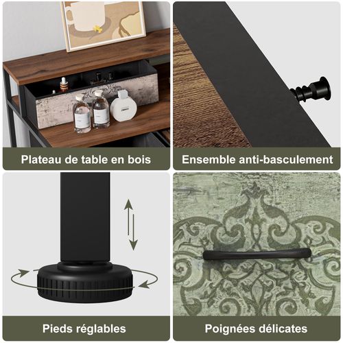 Coiffeuse Florale Vintage 121 Cm - 9 Tiroirs Et 2 Étagères Ouvertes, Noir