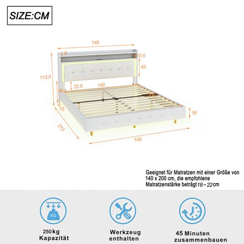 Lit Double Rembourré 140x200cm, Avec Port USB Et Lumière LED, Design Pieds De Lit Cachés, Lin,beige