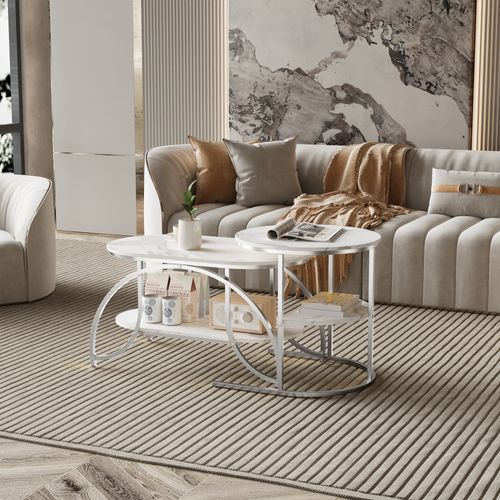 Ensemble De 2 Tables Basses Modernes, Aspect Marbre, Grand Rangement,blanc