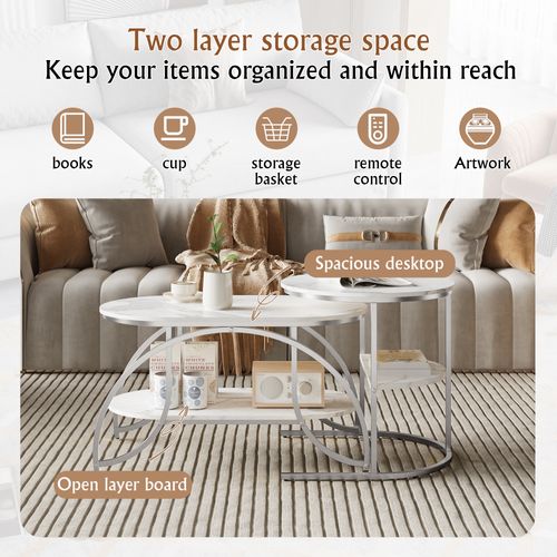 Ensemble De 2 Tables Basses Modernes, Aspect Marbre, Grand Rangement,blanc