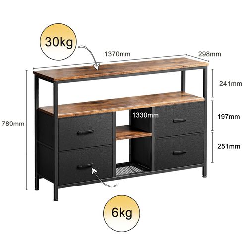 Buffet 137 Cm Avec Éclairage LED, 4 Tiroirs, Pieds Réglables, Support En Fer, Style Vintage, Noir