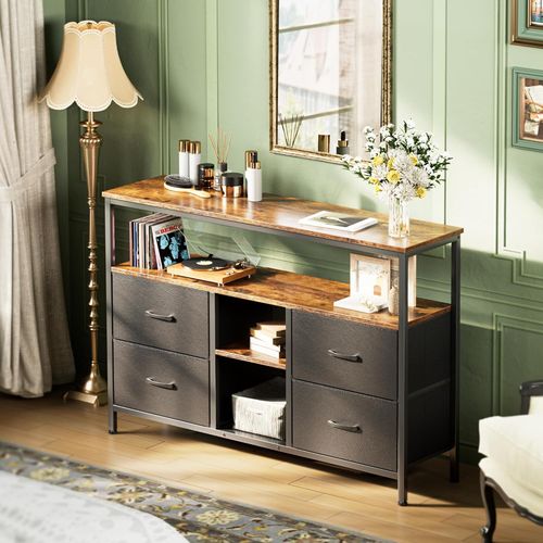 Buffet 137 Cm Avec Éclairage LED, 4 Tiroirs, Pieds Réglables, Support En Fer, Style Vintage, Noir
