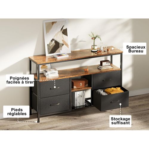 Buffet 137 Cm Avec Éclairage LED, 4 Tiroirs, Pieds Réglables, Support En Fer, Style Vintage, Noir
