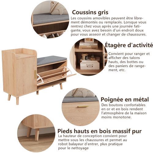 Meuble à Chaussures-avec 2 Compartiments-avec Séparateurs Réglables Et Coussins-adapté Aux Entrées