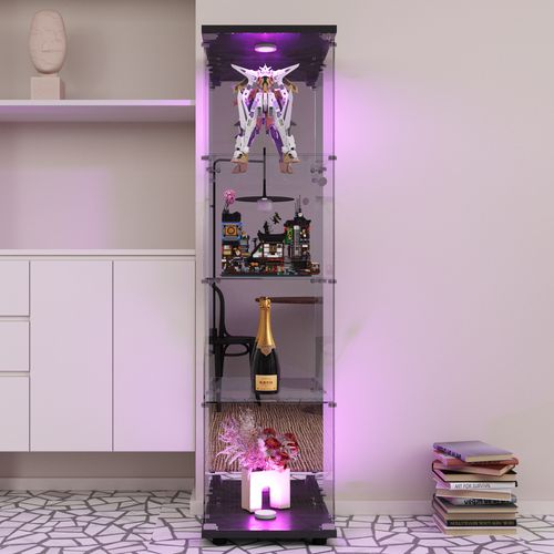 Vitrine En Verre Avec LED Et Miroir, Avec 1 Porte Et 4 Étagères, Pour Salon, Noir
