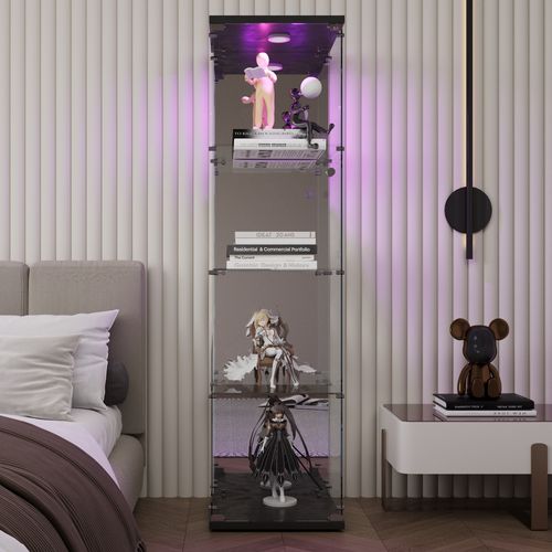 Vitrine En Verre Avec LED Et Miroir, Avec 1 Porte Et 4 Étagères, Pour Salon, Noir