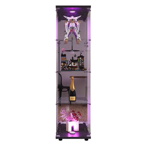 Vitrine En Verre Avec LED Et Miroir, Avec 1 Porte Et 4 Étagères, Pour Salon, Noir