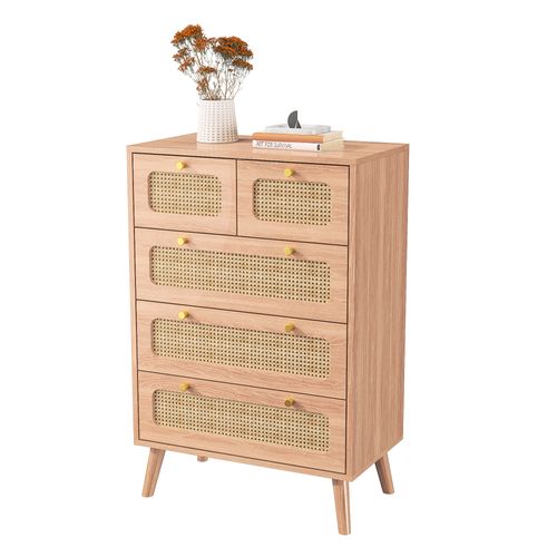 Chiffonnier Moderne En Bois Et Rotin Avec 5 Tiroirs