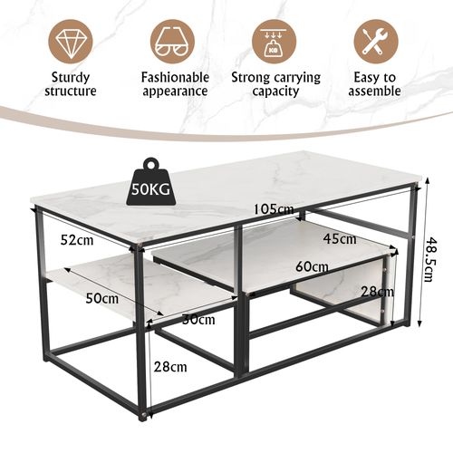 Ensemble De Deux Tables Basses Modernes – Cadre En Métal Effet Marbre – Pour Salon Et Balcon – Noir
