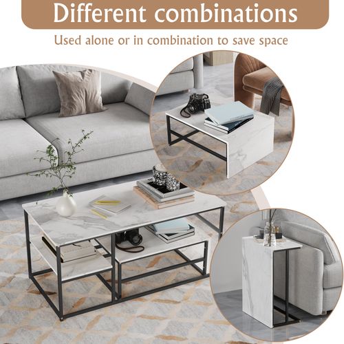Ensemble De Deux Tables Basses Modernes – Cadre En Métal Effet Marbre – Pour Salon Et Balcon – Noir