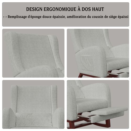 Fauteuil à Bascule Avec Repose-pieds, Fauteuil Moderne Avec Poches Latérales Et Accoudoirs, Gris
