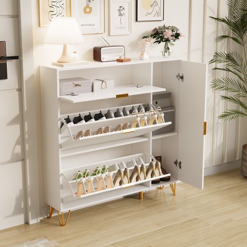 Meuble à Chaussures Blanc De 110 Cm Avec 3 Tiroirs Pliants Et 1 Porte D'armoire, Adapté à L'entrée