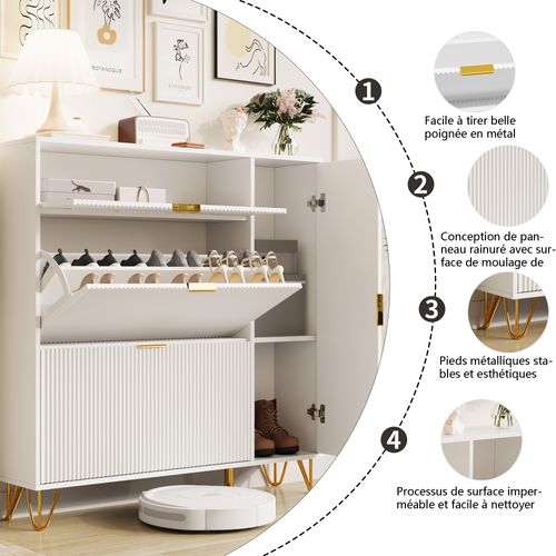 Meuble à Chaussures Blanc De 110 Cm Avec 3 Tiroirs Pliants Et 1 Porte D'armoire, Adapté à L'entrée