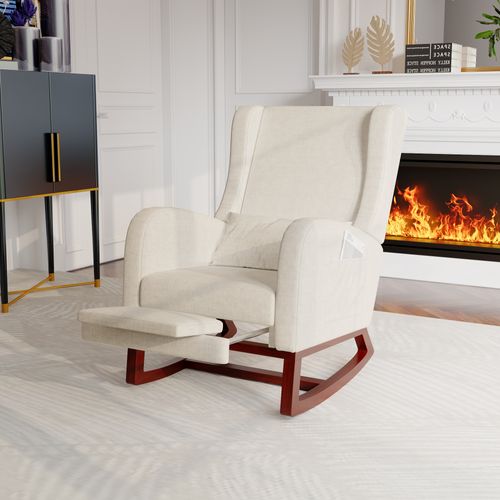 Fauteuil à Bascule Avec Repose-pieds, Fauteuil Moderne Avec Poches Latérales Et Accoudoirs, Beige