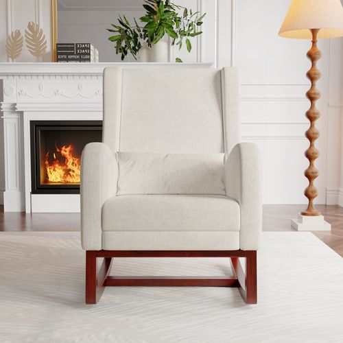 Fauteuil à Bascule Avec Repose-pieds, Fauteuil Moderne Avec Poches Latérales Et Accoudoirs, Beige