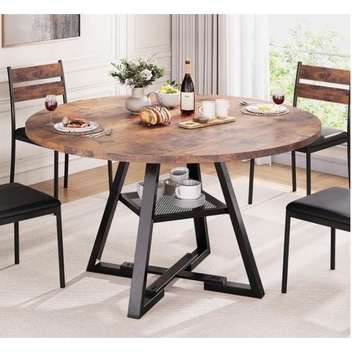 Grande Table à Manger Ronde Avec Rangement - Table En Bois Massif (pieds En Métal) - 120 Cm