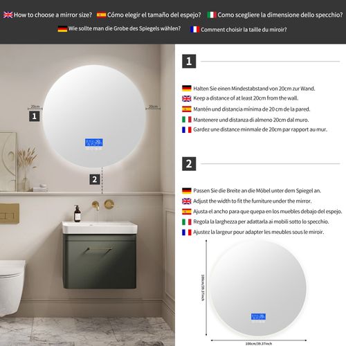 Miroir De Salle De Bain Éclairé à LED 100 Cm,fixation Murale,avec Lumière Tactile,dimmable,antibuée