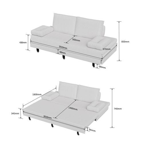 Canapé-lit Double Avec Dossier, Accoudoirs Et Coussins, Lit Gigogne, Adapté Au Salon,blanc