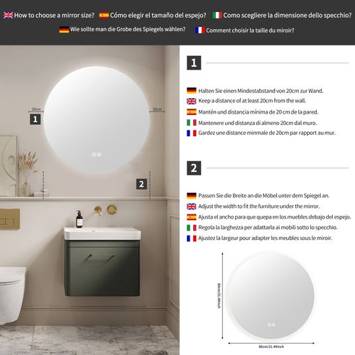 Miroir De Salle De Bain Rond Avec Éclairage LED,3 Couleurs De Lumière,dimmable,antibuée,80 X 80 Cm