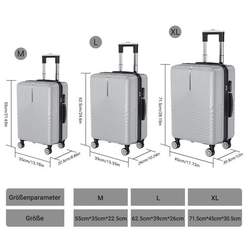 3 Tailles De Bagages à Coque Rigide Avec Serrure à Combinaison, Roulettes Pivotantes à 360°
