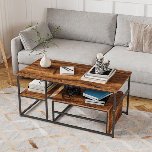 Ensemble De Deux Tables Basses Modernes – Cadre En Métal Effet Marbre – Pour Salon Et Balcon – Bois