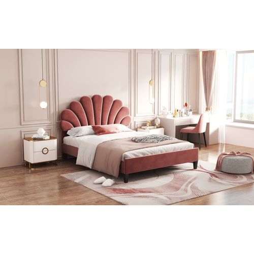 Lit Double Tapissé 140 X 200 Cm Avec Tête De Lit Fleurie Et Sommier à Lattes, Tissu Velours,rouge