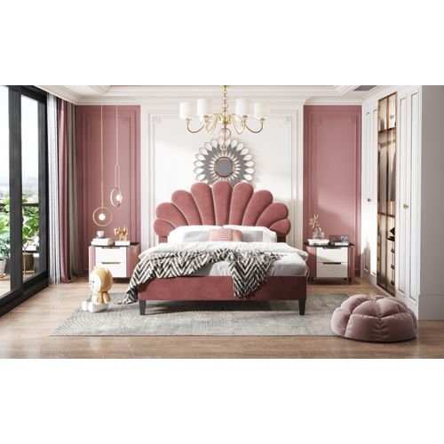 Lit Double Tapissé 140 X 200 Cm Avec Tête De Lit Fleurie Et Sommier à Lattes, Tissu Velours,rouge