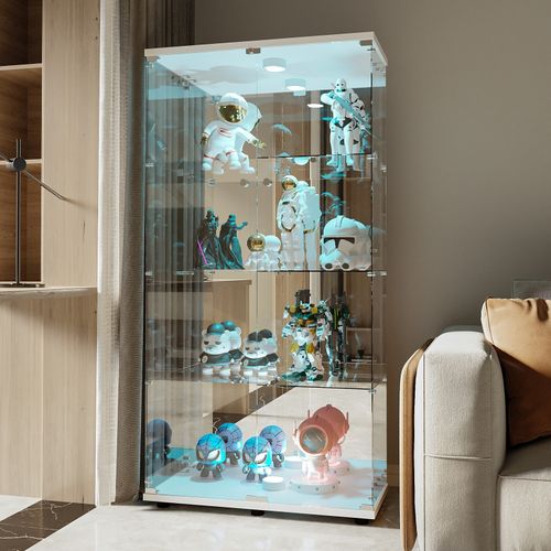Vitrine En Verre Avec Miroir Et Éclairage LED,2 Portes,4 Étagères,convient Pour Bureau, Salon,blanc