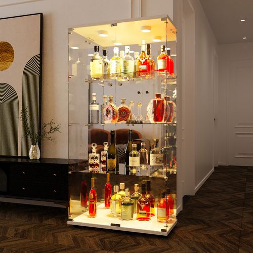 Vitrine En Verre Avec Miroir Et Éclairage LED,2 Portes,4 Étagères,convient Pour Bureau, Salon,blanc