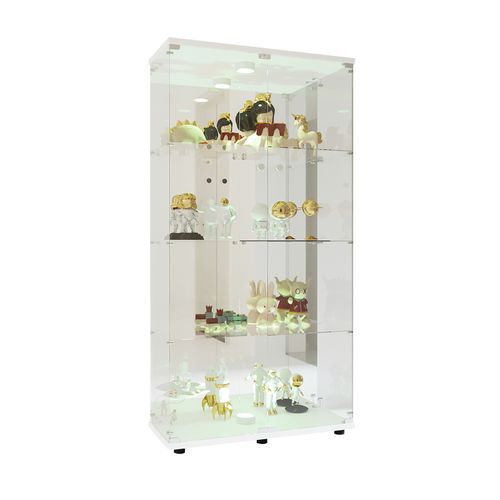 Vitrine En Verre Avec Miroir Et Éclairage LED,2 Portes,4 Étagères,convient Pour Bureau, Salon,blanc