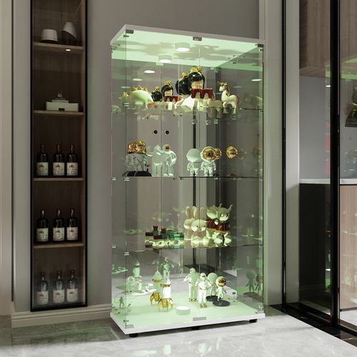 Vitrine En Verre Avec Miroir Et Éclairage LED,2 Portes,4 Étagères,convient Pour Bureau, Salon,blanc