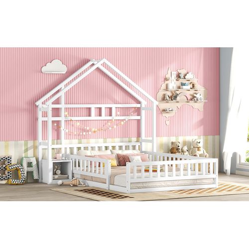 Lit Enfant 140 X 200 Cm,  Avec Barrières, Et Tables De Chevet, Blanc