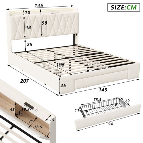 Lit Coffre 140x190 Cm Avec Sommier, LED, 3 Tiroirs, Station De Charge - Avec Rangement, Beige