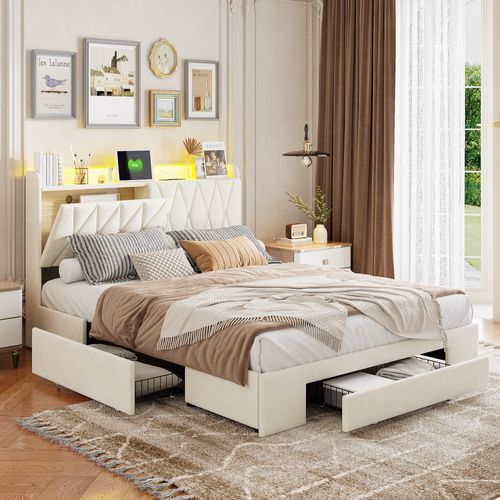 Lit Coffre 160x200 Cm Avec Sommier, LED, 3 Tiroirs, Station De Charge - Avec Rangement, Beige